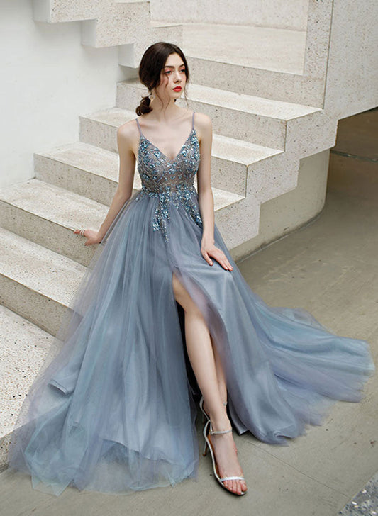 Blue V-neckline Tulle Straps Beaded Long Formal Dress, A-line Blue Evening Dress