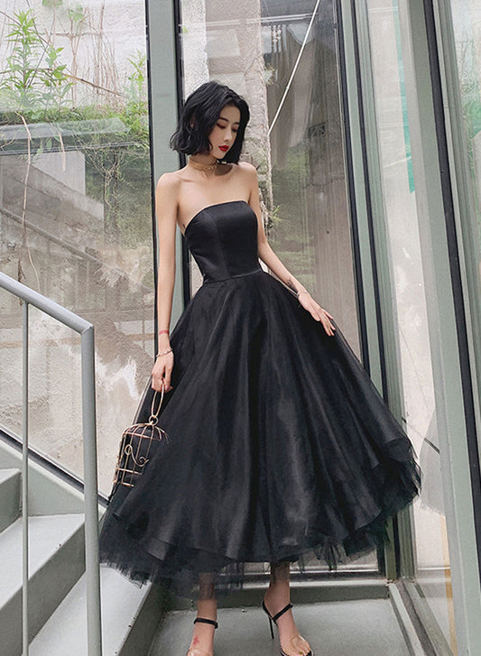 Black Tulle Tea Length Simple Homecoming Dress, Black Short Prom Dress