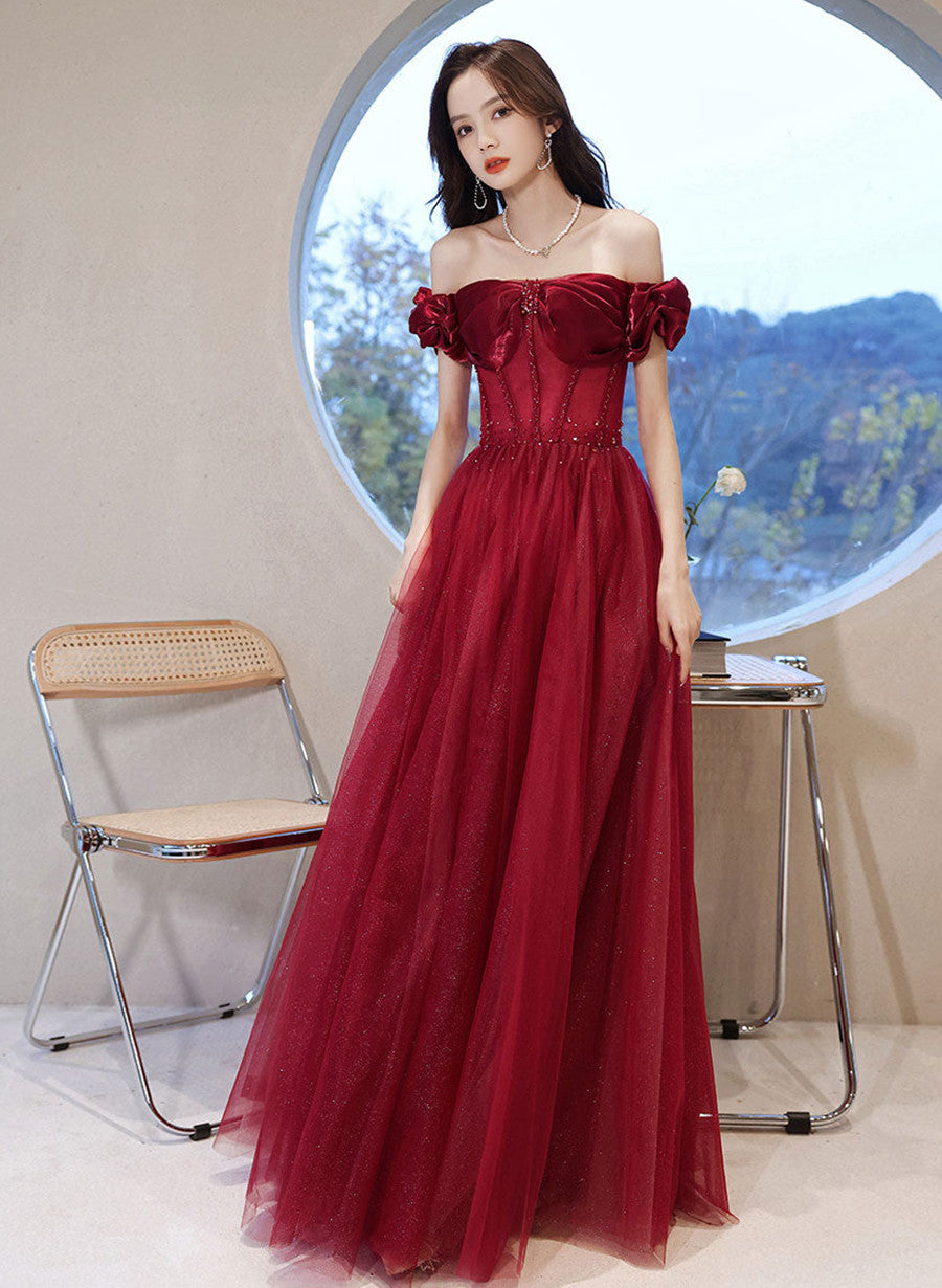 wine off the shoulder prom dress wine off the shoulder dress Long Off Shoulder A-line Satin Dress by Ladivine 7493 ABC Fashion