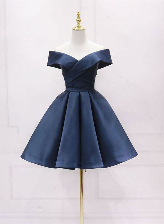 Navy Blue Satin Off Shoulder Short Graduation Dress, Blue Satin Prom Dress