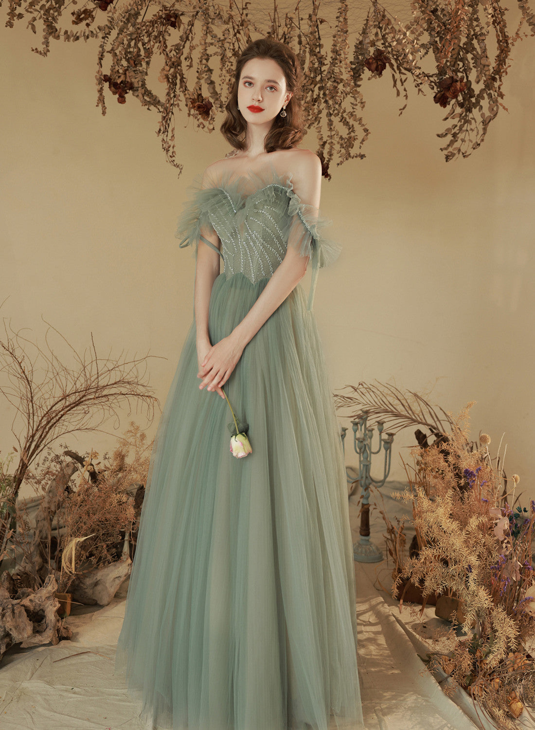 Light Green Beaded Off Shoulder Long Formal Dress, Green New Style Pro