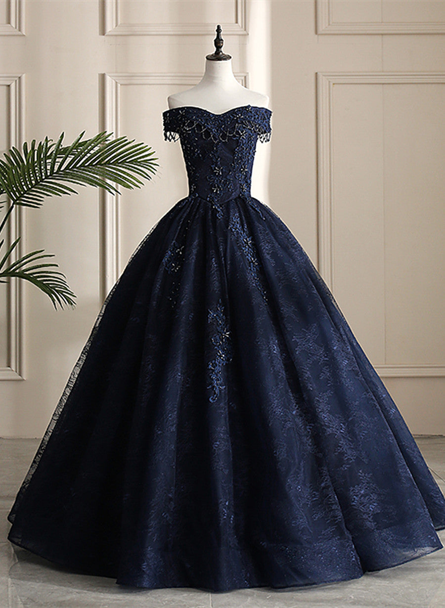 Glam Navy Blue Lace Ball Gown Sweet 16 Dress, Blue Long Wedding Party
