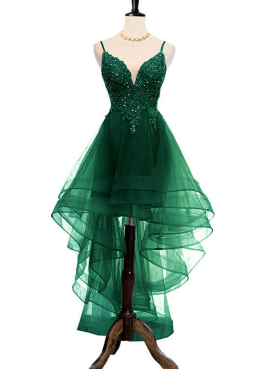 Dark Green V-neckline High Low Prom Dress with Lace and Beadings, Green Homecoming Dress