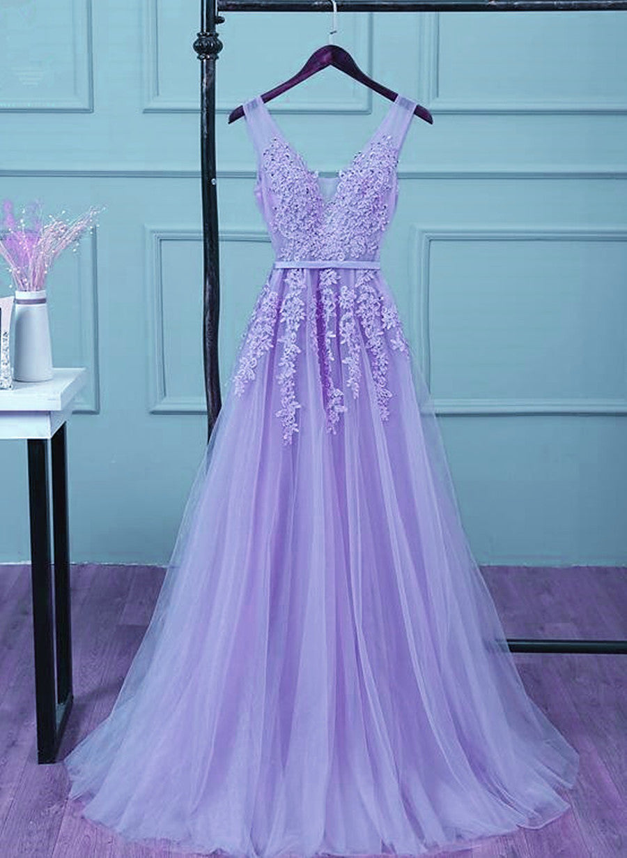 light purple elegant dress Light Purple Tull Long with Lace Applique Prom Dress, Light Purple Eve Formaldressy