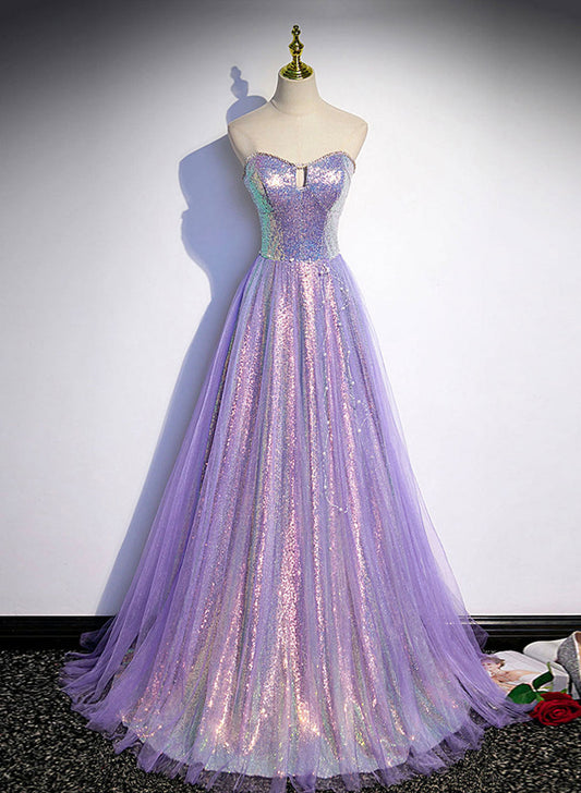 Light Purple Sweetheart Sequins Long Party Dress, A-line Sequins Formal Dress