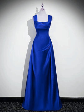 Royal Blue Satin A-line Simple Long Party Dress, Royal Blue Satin Floor Length Prom Dress