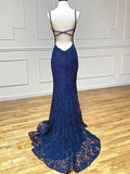 Navy Blue Lace Mermaid Straps Prom Dress With Side Slit, Navy Blue Long Evening Dress