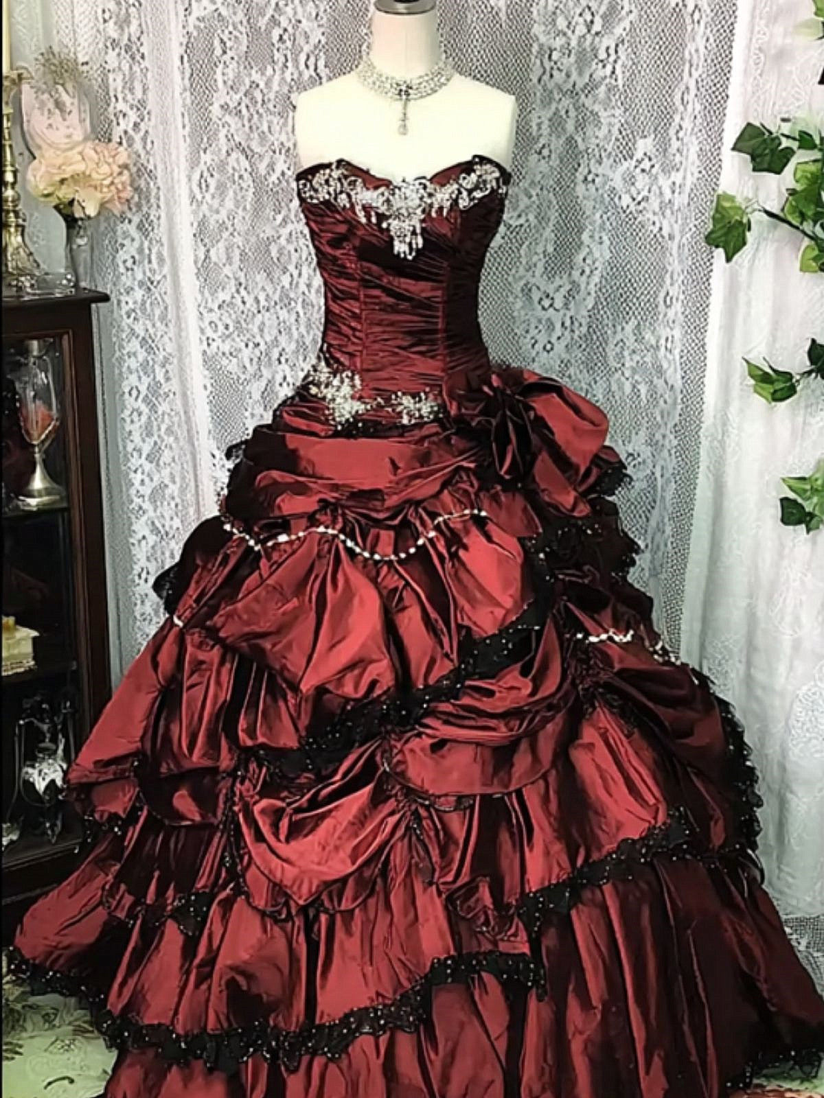 Wine Red Taffeta Sweeetheart Ball Gown Prom Dress, Wine Red Layers Party Dress Evening Dress