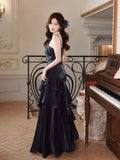 Black Scoop Mermaid Straps Long Party Dress, Black Satin Long Formal Dress Prom Dress