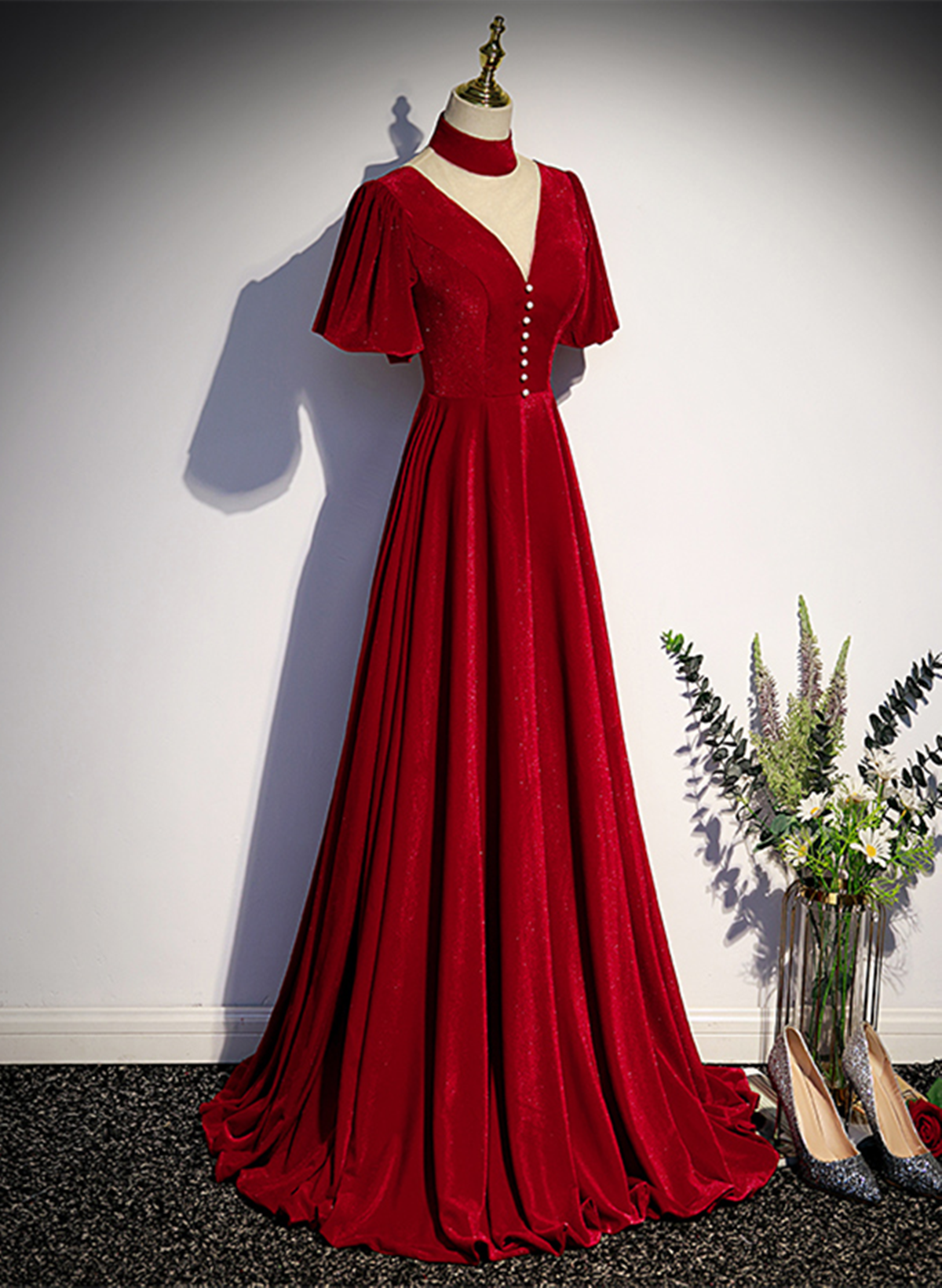 A-line Red Velvet High Neckline Wedding Party Dress, Red Velvet Long Prom Dress