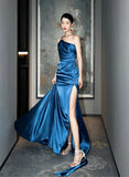 Blue Soft Satin Long Prom Dress with Leg Slit, Blue Evening Dress Formal Dress