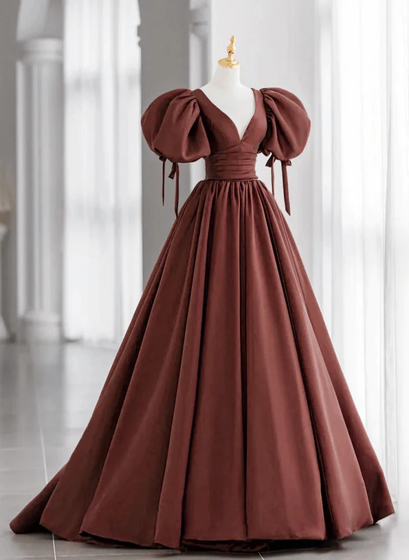 Brown Satin Short Sleeves Long Party Dress, A-line Satin Prom Dress