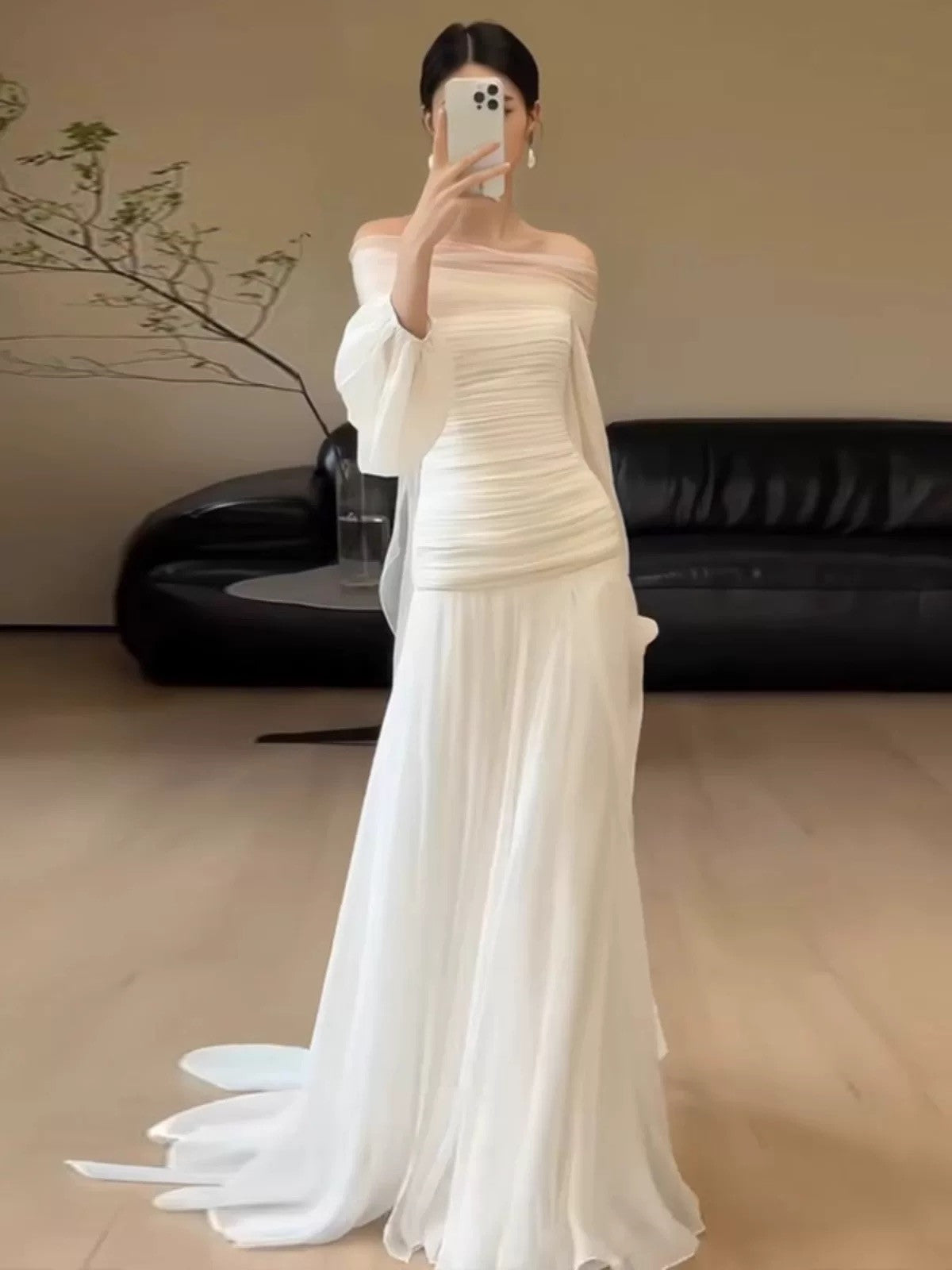 White Chiffon Off Shoulder Long Sleeves Party Dress, White Chiffon Wedding Dress