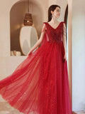 Wine Red V-neckline Tulle Beaded A-line Prom Dress, Wine Red Floor Length Party Dress
