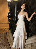 White Satin Sweetheart Mermaid Long Party Dress, White Straps Floor Length Formal Dress