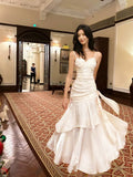 White Satin Sweetheart Mermaid Long Party Dress, White Straps Floor Length Formal Dress