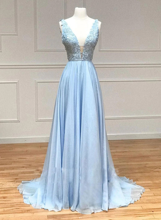 Light Blue Chiffon with Lace A-line Prom Dress, Light Blue Evening Dress