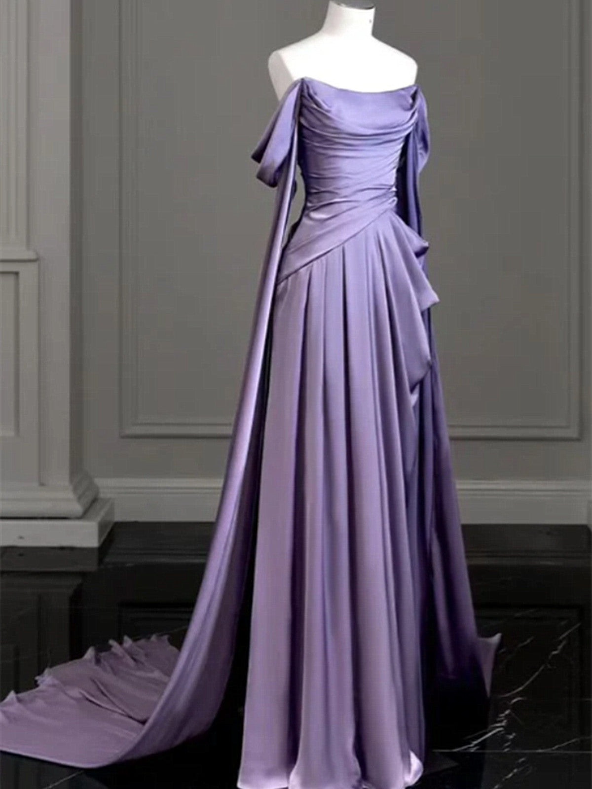 Purple Soft Satin A-line Strapless Long Evening Dress, Purple Satin Long Formal Dress