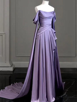 Purple Soft Satin A-line Strapless Long Evening Dress, Purple Satin Long Formal Dress