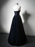 Navy Blue Velvet Beaded Floor Length Party Dress, Navy Blue Velvet Long Prom Dress