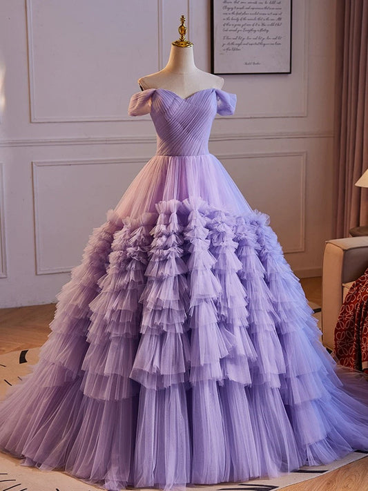 Purple Off Shoulder Sweetheart Tulle Sweet 16 Dress, Purple Tulle Long Prom Dress