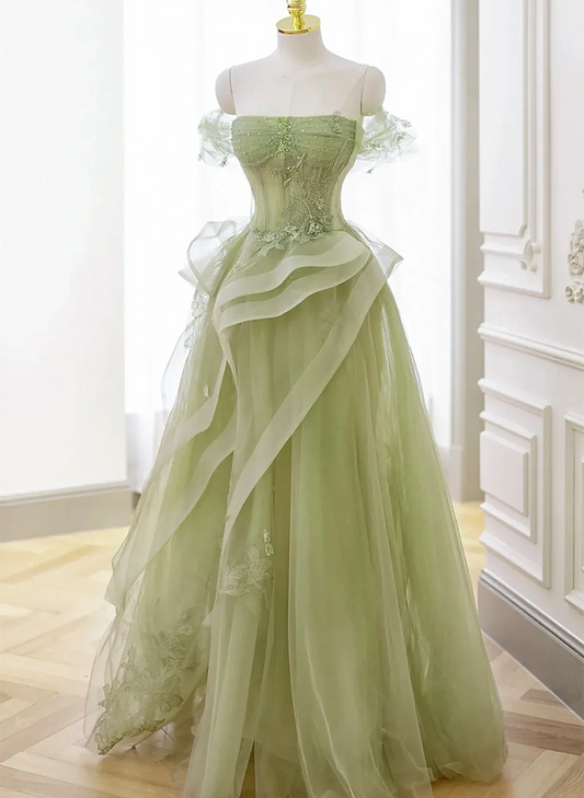 Cute Light Green A-line Beaded Tulle Party Dress, Light Green Long Prom Dress