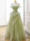 Cute Light Green A-line Beaded Tulle Party Dress, Light Green Long Prom Dress