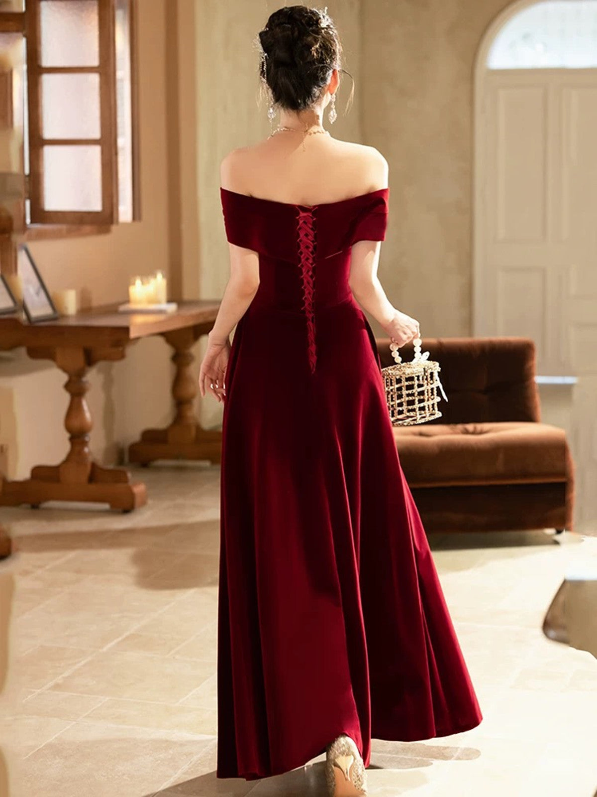 Lovely Wine Red Velvet A-line Off Shoulder Party Dress, Wine Red Velvet Prom Dress