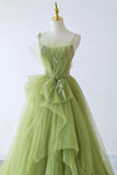 Elegant Green Tulle Straps Long Formal Dress, Green Tulle Evening Dress Party Dress