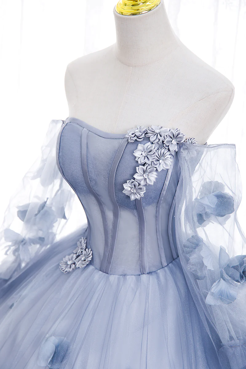 Light Blue Tulle Puffy Sleeves with Flowers Sweet 16 Dress, Light Blue Formal Dress