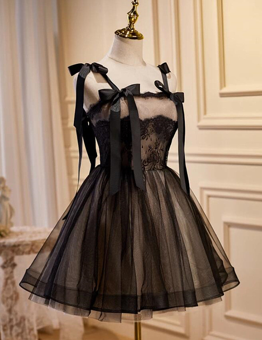 Cute Short Tulle with Lace Black Knee Length Party Dress, Black Short Prom Dress