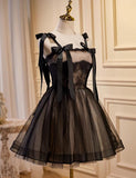 Cute Short Tulle with Lace Black Knee Length Party Dress, Black Short Prom Dress