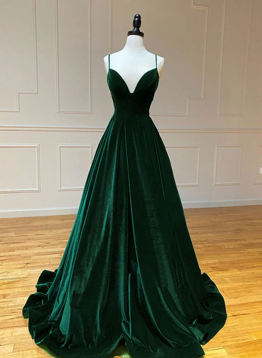 Dark Green A-line Velvet Long Party Dres, Lace-up Green Formal Dress Prom Dress