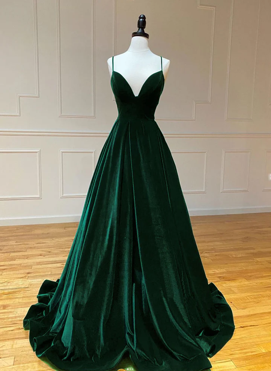 Formal Green Color Dark Green A-line Velvet Long Party Dres, Lace-up Green Formal Dress P ...