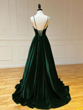 Dark Green A-line Velvet Long Party Dres, Lace-up Green Formal Dress Prom Dress