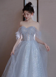 Lovely Blue Tulle Off Shoulder Beaded Party Dress, A-Line Tulle Blue Wedding Party Dress