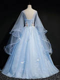 Light Blue Puffy Sleeves Tulle Ball Gown Party Dress, Sweet 16 Dresses Blue Formal Dresses