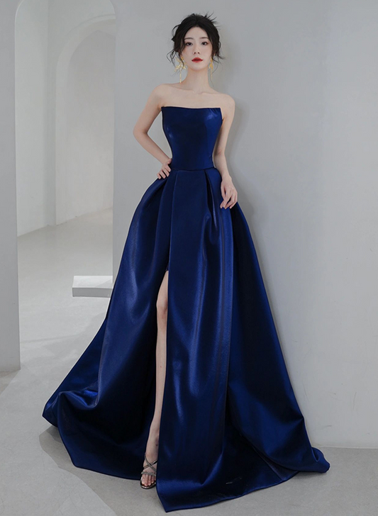 Navy Blue Satin Scoop Long Formal Dress, Blue A-line Leg Slit Evening Dress Prom Dress