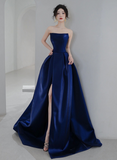 Navy Blue Satin Scoop Long Formal Dress, Blue A-line Leg Slit Evening Dress Prom Dress