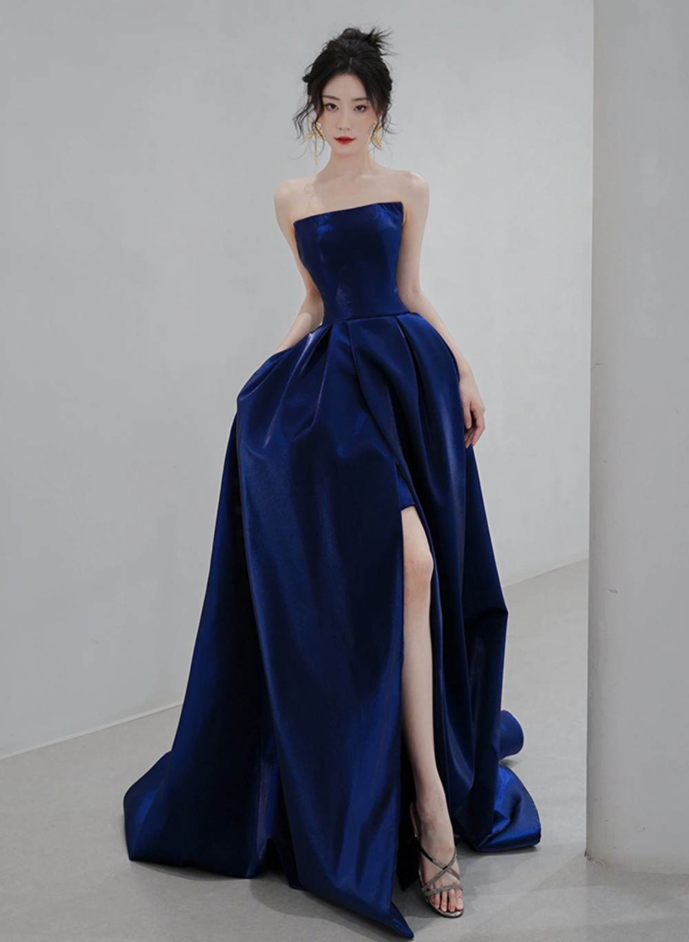 Navy Blue Satin Scoop Long Formal Dress, Blue A-line Leg Slit Evening Dress Prom Dress