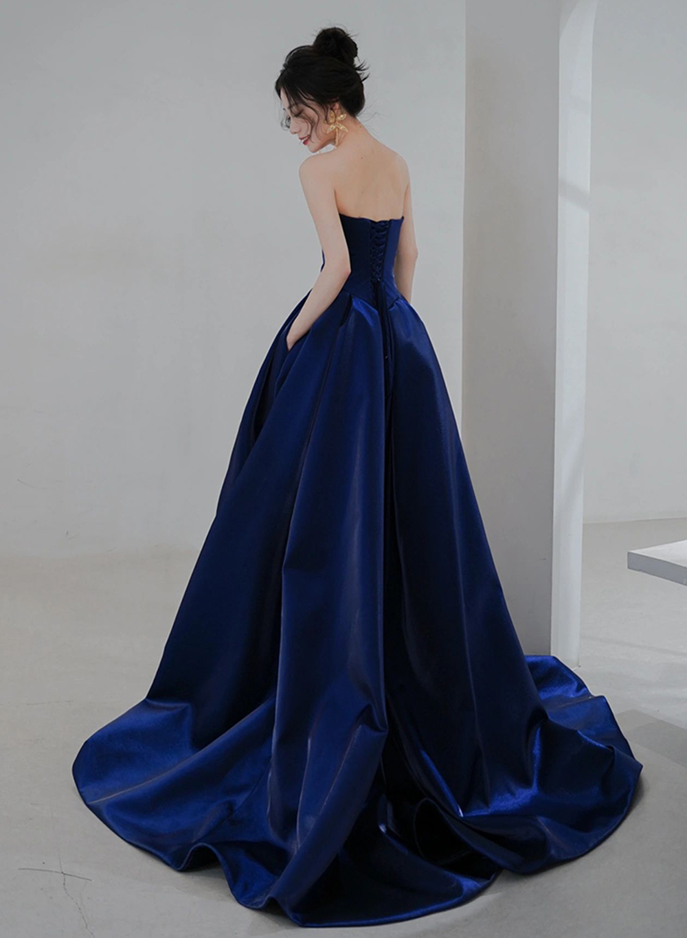 Navy Blue Satin Scoop Long Formal Dress, Blue A-line Leg Slit Evening Dress Prom Dress