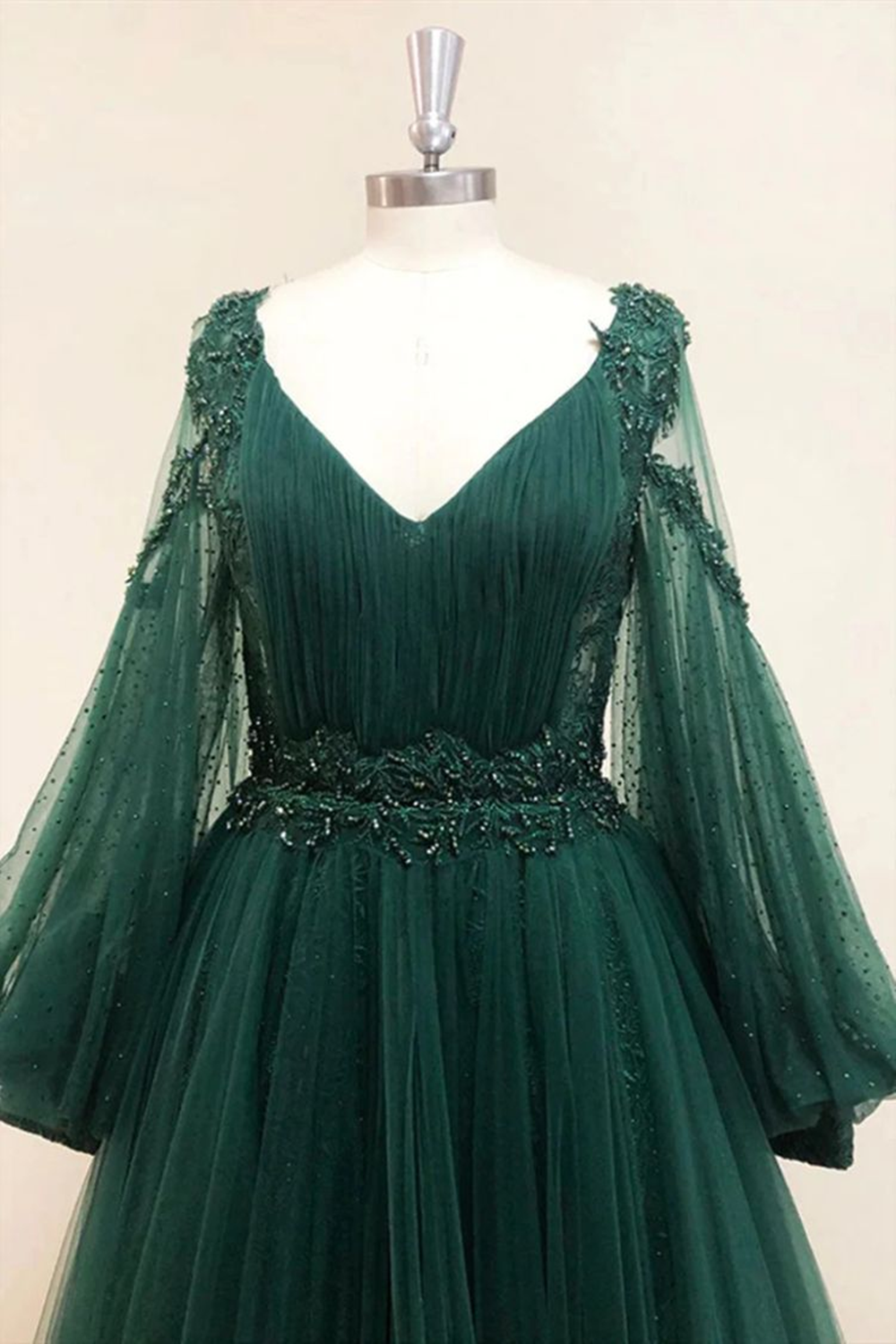 V Neck Long Sleeves Dark Green Lace Prom Dress, A-line Dark Green Lace Formal Evening Dress