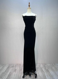 Black A-line Velvet with Lace Long Party Dress, Black Straps Prom Dress Formal Dress