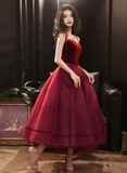 Wine Red Velvet And Tulle Homecoming Dress, Wine Red Straps Party Dress Prom Dress