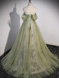 Light Green Sweetheart Beaded Tulle Party Dress, A-line Green Long Prom Dress