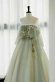 Light Green Off Shoulder Tulle with Lace Long Formal Dress, Light Green A-line Prom Dress