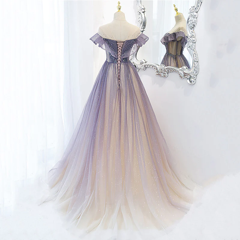 Purple Gradient A-line Beaded Tulle Long Prom Dress, Floor Length Purple Evening Dress