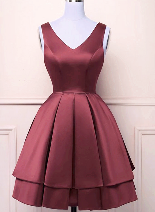 Wine Red V-neckline Satin Knee Length Homecoming Dress, Wine Red Short Prom Dress