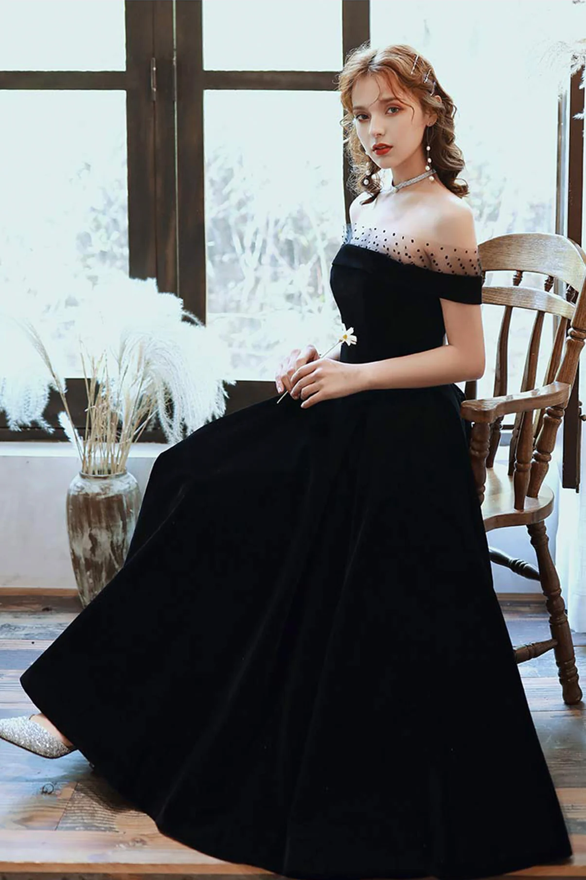 Black Velvet Off Shoulder Tea Length Party Dress, Black Velvet Homecoming Dress