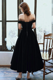 Black Velvet Off Shoulder Tea Length Party Dress, Black Velvet Homecoming Dress